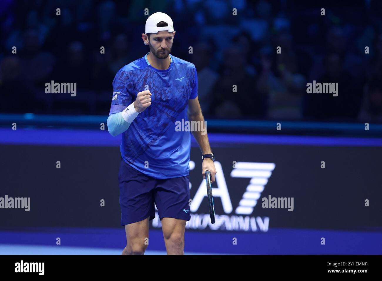 Turin, Italy. 11th Nov, 2024. Andrea Vavassori of Italy celebrates during the Round Robin doubles match between Simone Bolelli of Italy and Andrea Vavassori of Italy against Rohan Bopanna of India and Matthew Ebden of Australia on Day two of the Nitto ATP World Tour Finals. Credit: Marco Canoniero/Alamy Live News Stock Photo