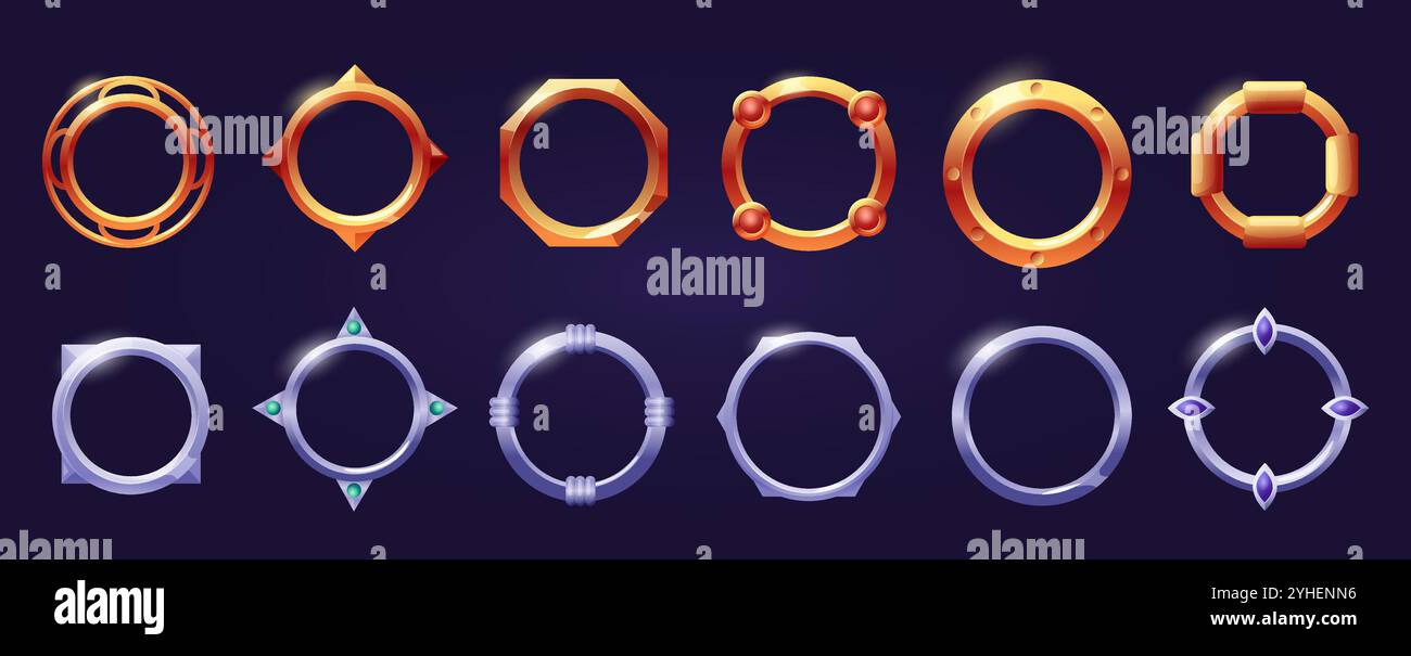Game avatar frames. Circle metal frame with shine effects. Game asset ...