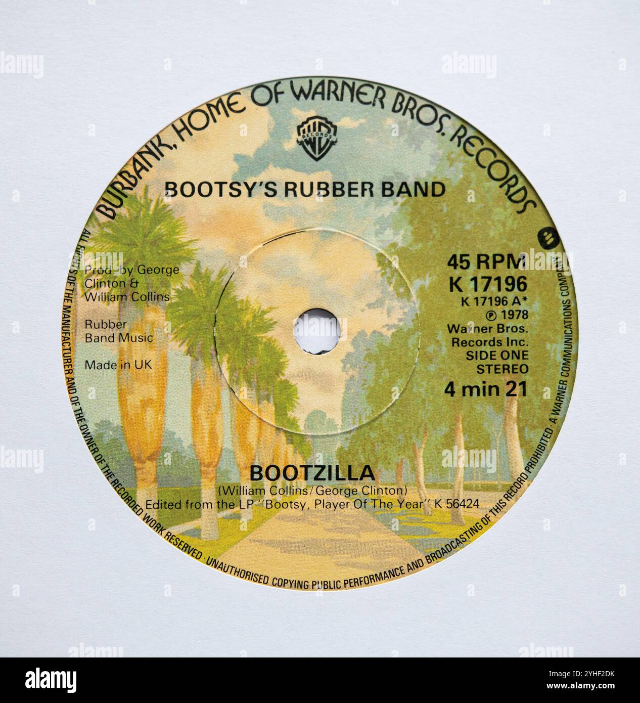 Centre label of the seven inch single version of Bootzilla by Bootsy's Rubber Band, which was released in 1978 Stock Photo