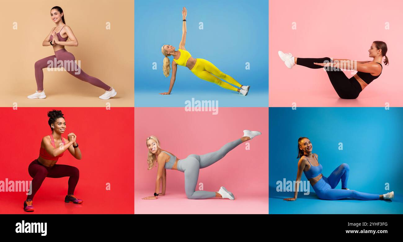 Women performing various fitness exercises in vibrant colored ...