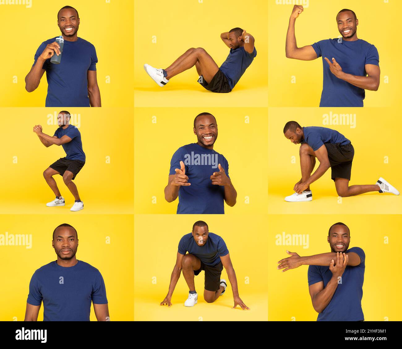 A man demonstrating various fitness poses against a bright yellow ...