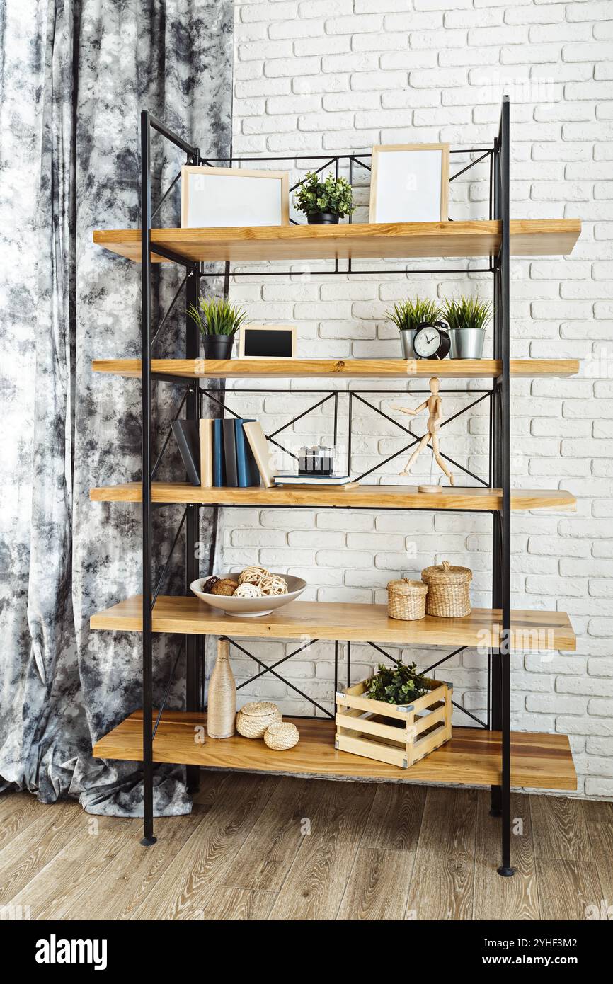 modern wooden rack in the loft interior Stock Photo - Alamy