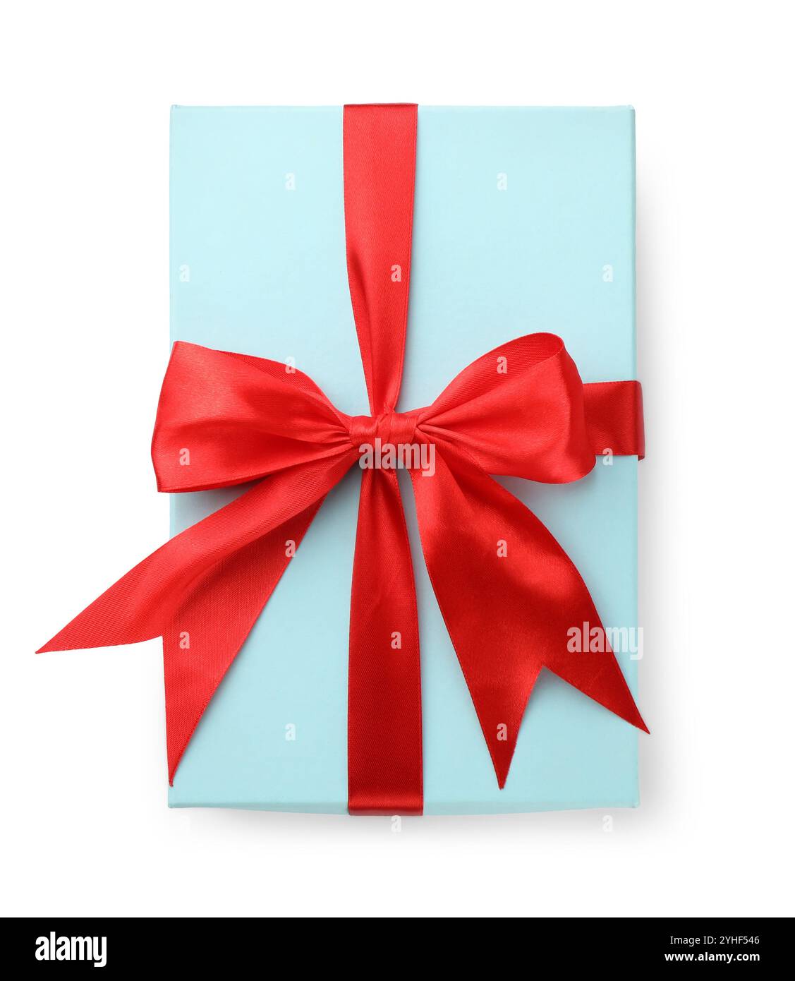 Beautiful gift box with red bow isolated on white, top view Stock Photo ...