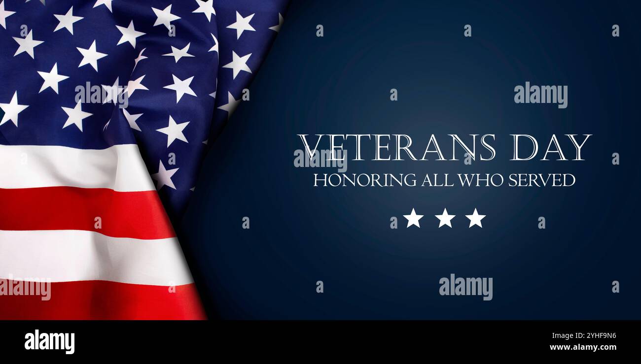 Happy Veterans Day and Honoring All Who Served text with American USA Flag  on wooden background Stock Photo - Alamy, image size:1300x739