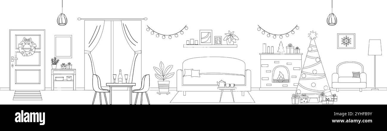 Living room decorated for Christmas and New Year. Interior banner in outline style. Stock Vector