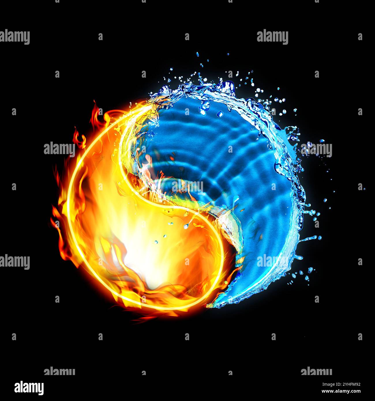 Yin and yang symbol made of fire and water on black background Stock ...