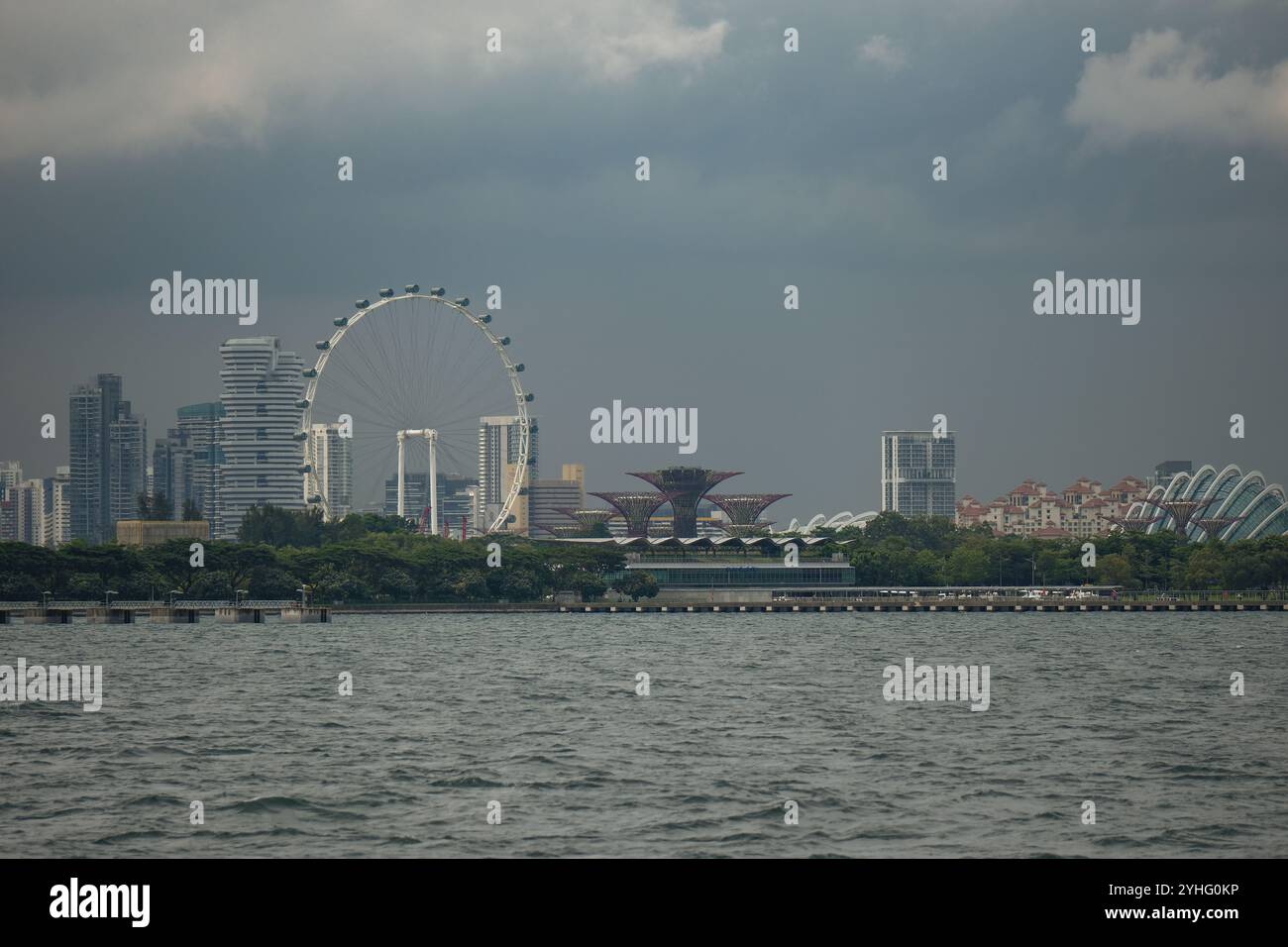 Singapore skyline taken from Singapore strait showing landmarks Stock Photo
