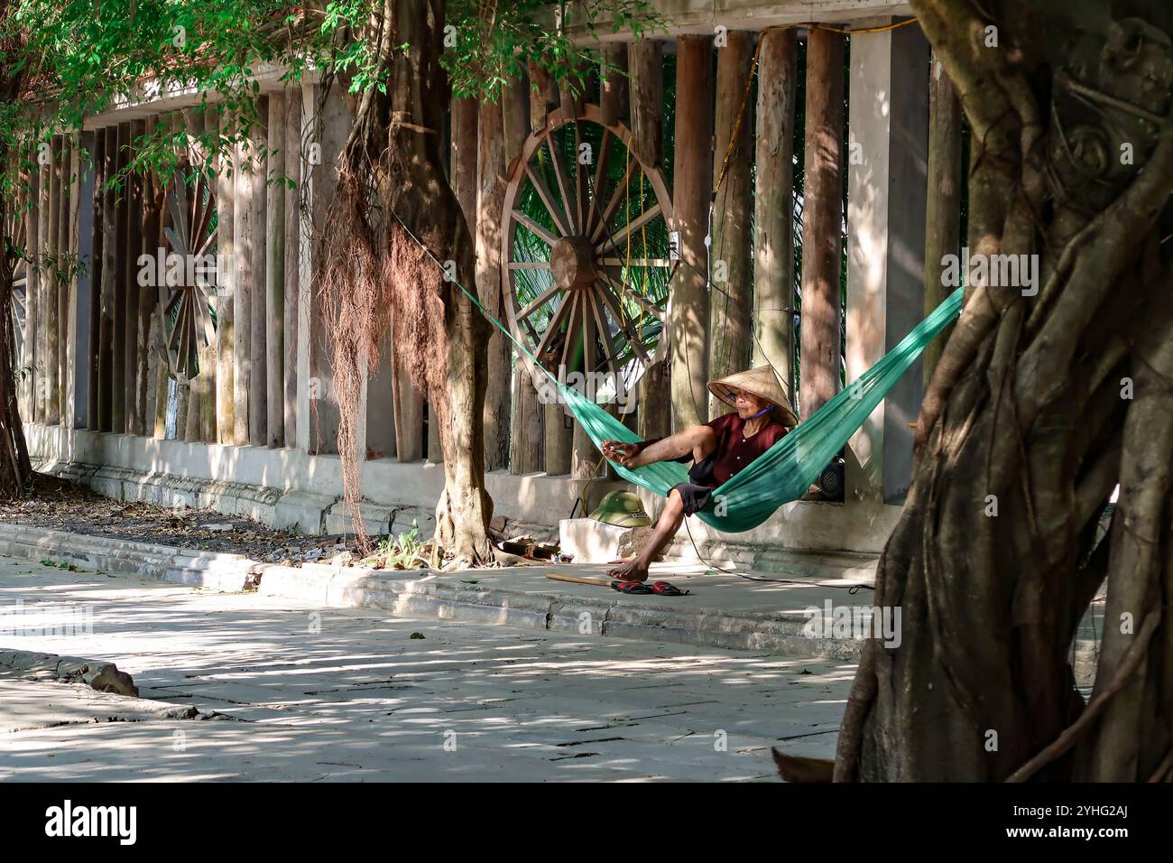 A relaxed elderly Vietnamese man resting in a green hammock under dappled sunlight, wearing a traditional conical hat, surrounded by a rustic backdrop Stock Photo