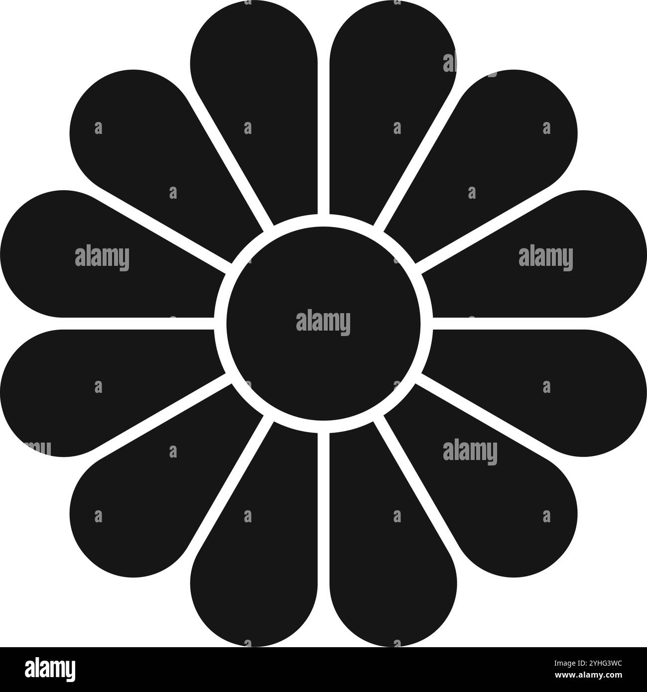 Flower silhouette with core and 12 petals. Pie chart divided on twelve equal segments in leaf shapes isolated on white background. Floral diagram for data presentation. Vector graphic illustration. Stock Vector