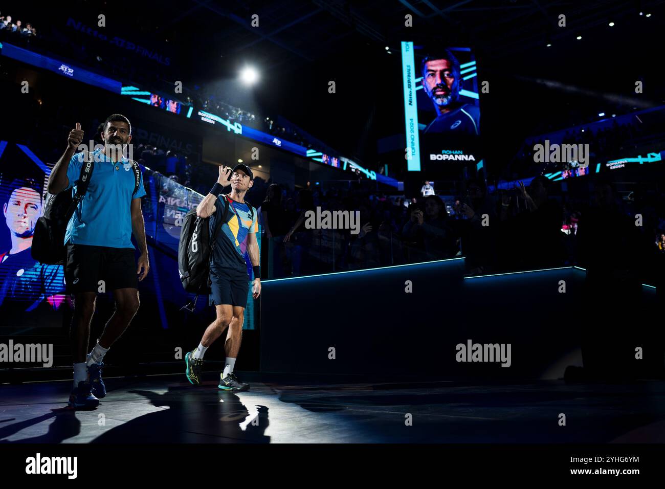 Turin, Italy. 11 November 2024. Rohan Bopanna (L) of India and Matthew Ebden of Australia walk out prior to the round robin doubles match against Simone Bolelli and Andrea Vavassori of Italy during day two of the Nitto ATP Finals. Simone Bolelli and Andrea Vavassori won the match 6-2, 6-3. Credit: Nicolò Campo/Alamy Live News Stock Photo