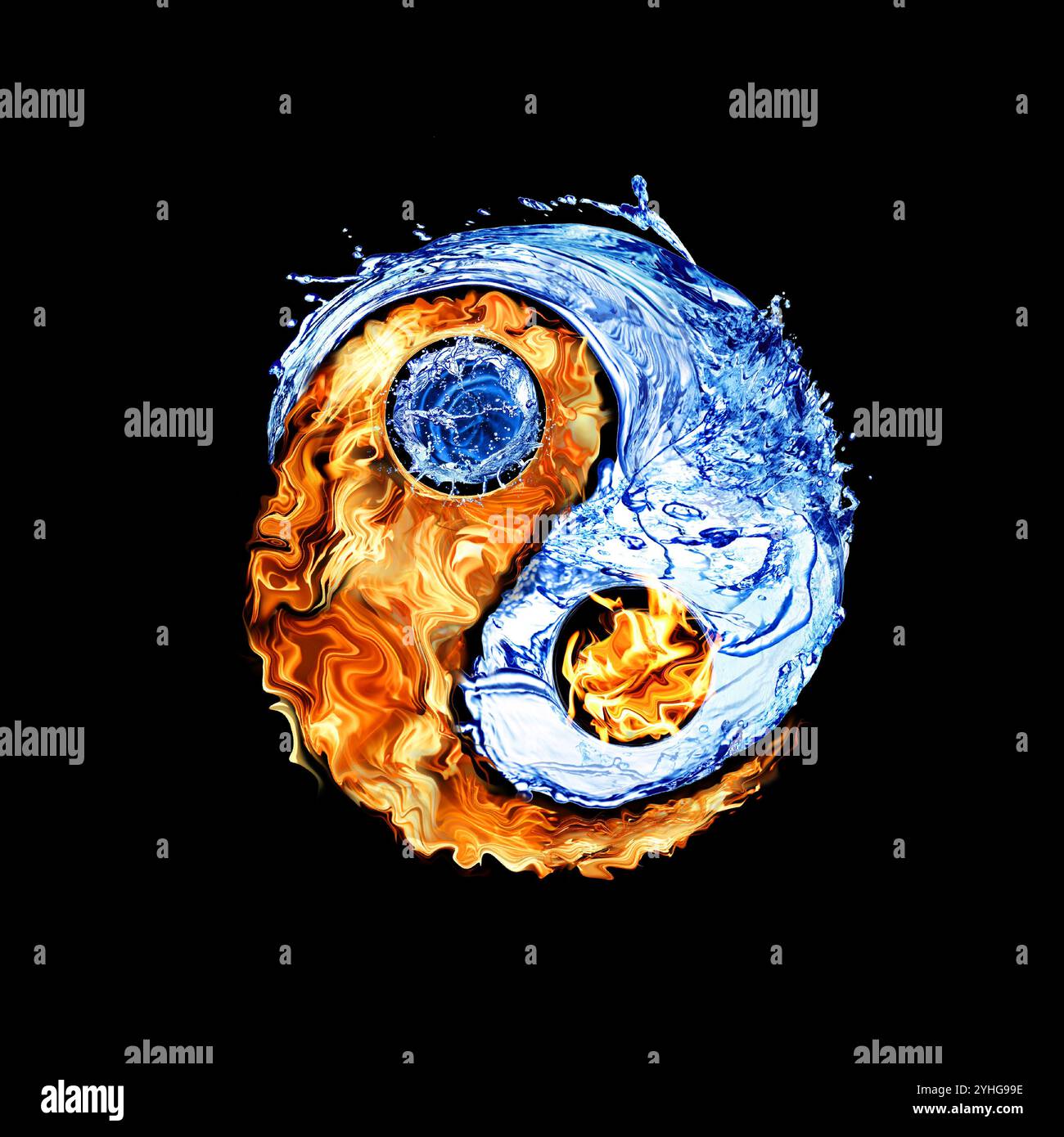Yin and yang symbol made of fire and water on black background Stock ...