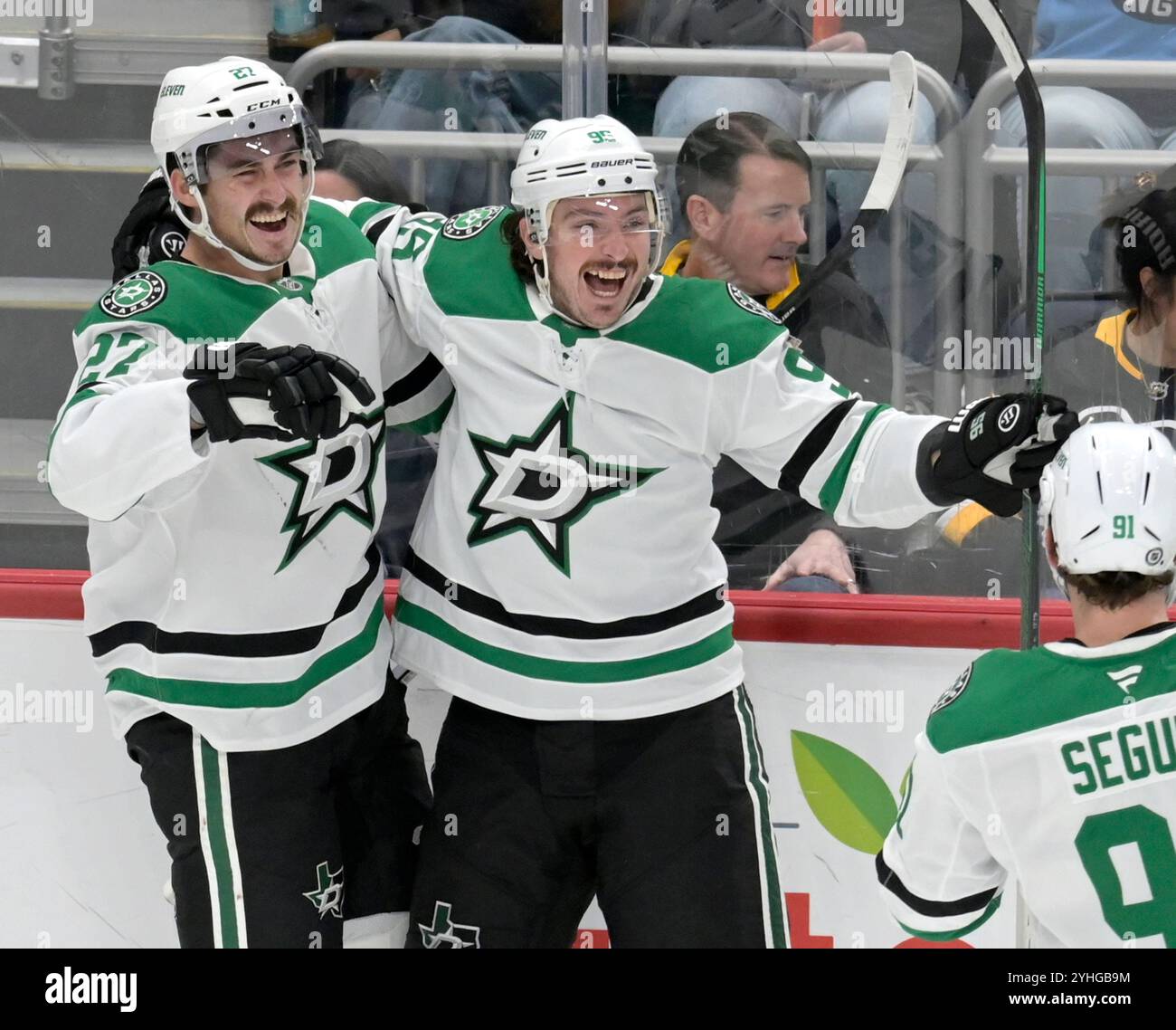 Pittsburgh, United States. 11th Nov, 2024. Dallas Stars left wing Mason Marchment (27) celebrates his goal with Dallas Stars center Matt Duchene (95) during the first period against the Pittsburgh Penguins at PPG Paints Arena in Pittsburgh on Monday, November 11, 2024. Photo by Archie Carpenter/UPI. Credit: UPI/Alamy Live News Stock Photo