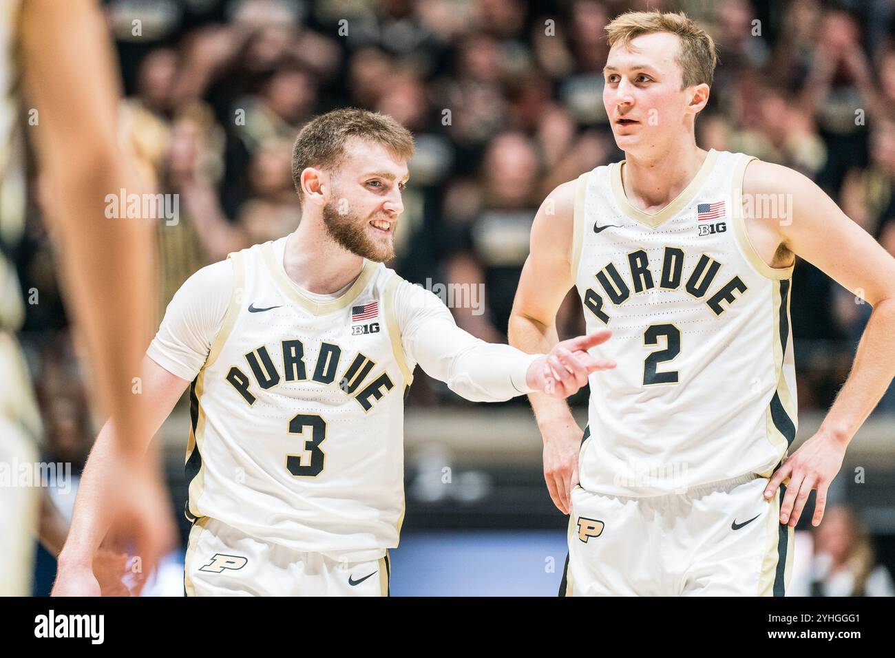 West Lafayette, Indiana, USA. 11th Nov, 2024. Purdue Boilermakers Guard BRADEN SMITH (3) chats with FLETCHER LOYER (2) during the NCAA menÃs basketball game between the Yale Bulldogs and the Purdue Boilermakers, Tuesday November 11, 2024, at Mackey Arena in West Lafayette, Ind. (Credit Image: © David Wegiel/ZUMA Press Wire) EDITORIAL USAGE ONLY! Not for Commercial USAGE! Stock Photo