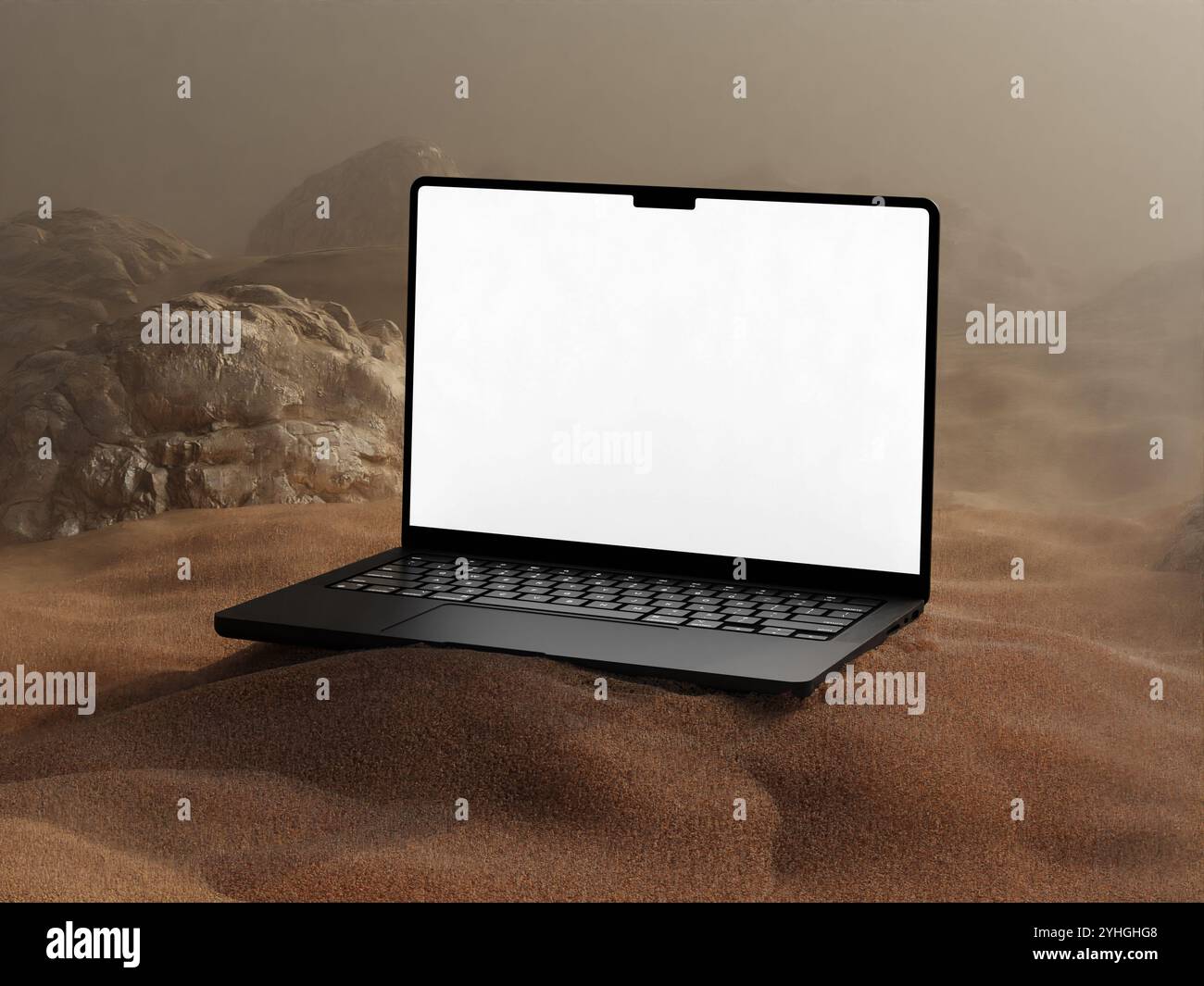 White Blank Laptop Screen Mockup in Desert background Setting Stock Photo