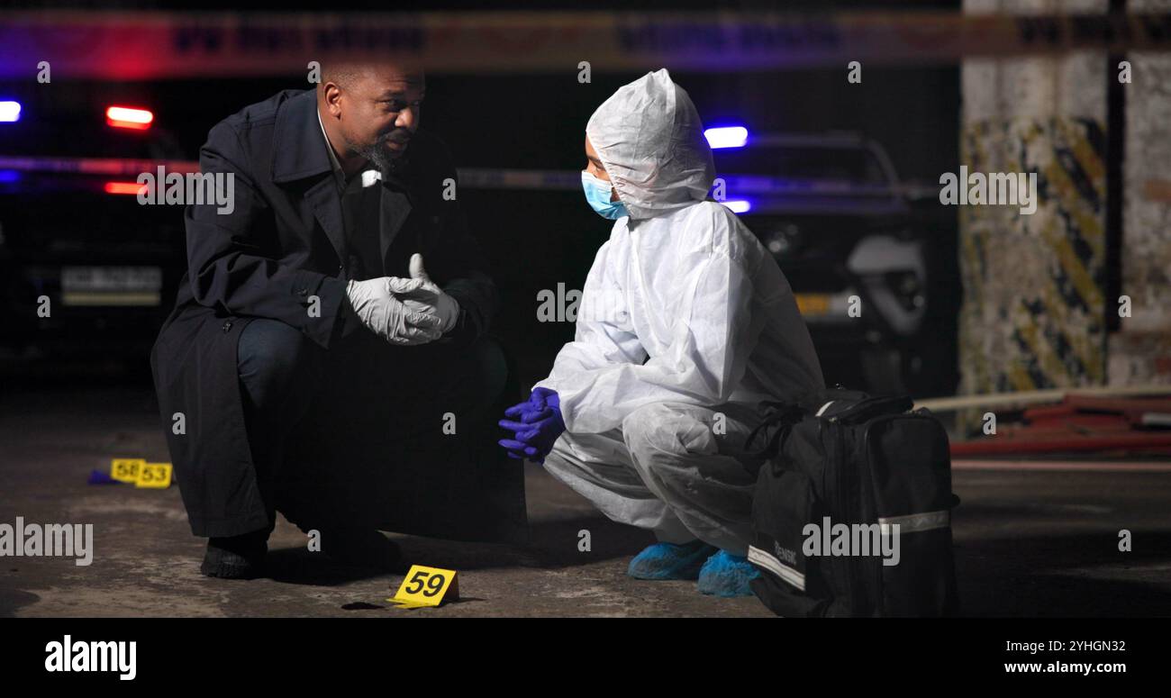 Men, detective and talking at crime scene for forensic assessment for
