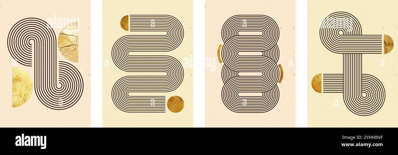 Set of modern abstract posters with geometric shapes with stripe pattern. Vector background with golden texture in trendy bohemian style Stock Vector