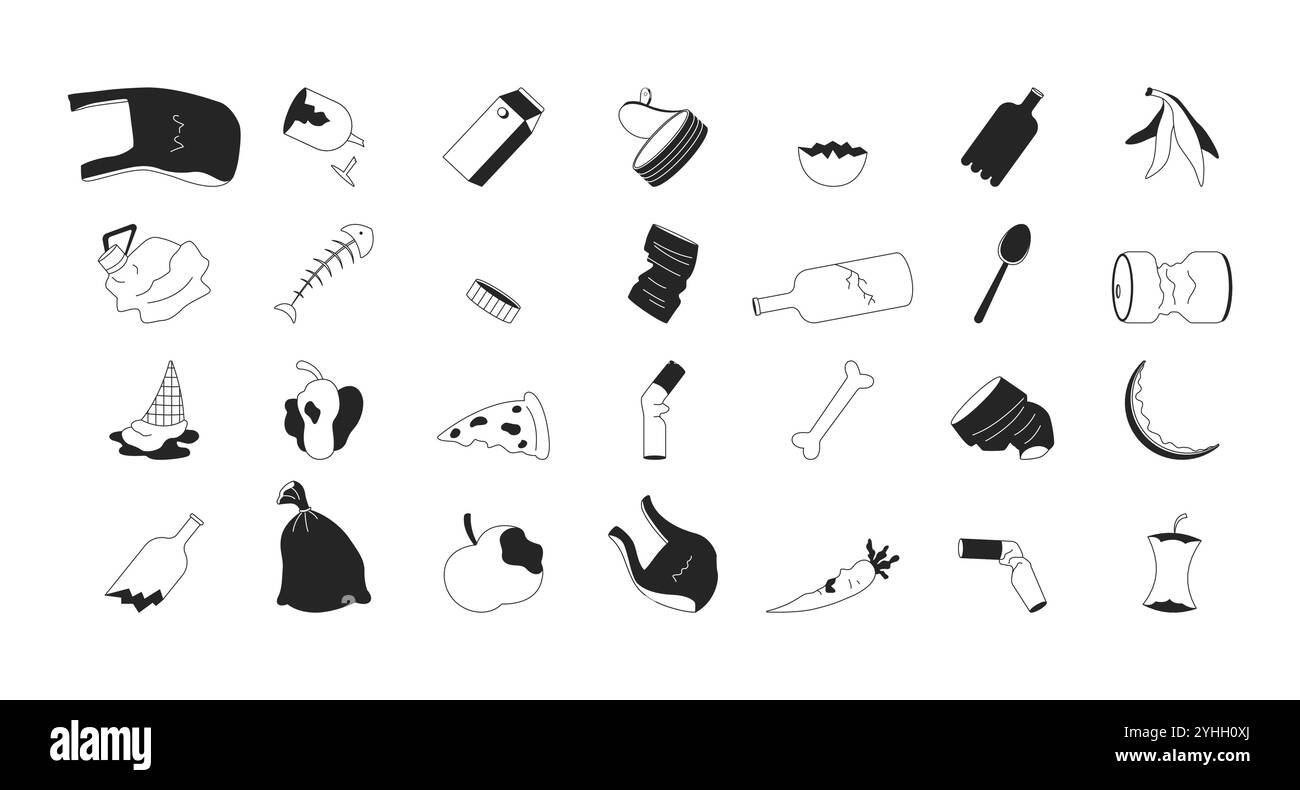 Rubbish waste management black and white 2D line objects set Stock Vector