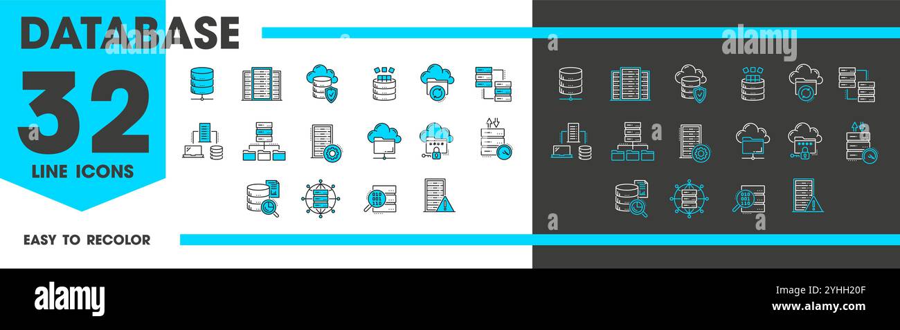 Database network server and cloud storage line icons, digital technology vector pictograms. Internet data backup storage, computer server with file transfer, encryption and personal data secure access Stock Vector