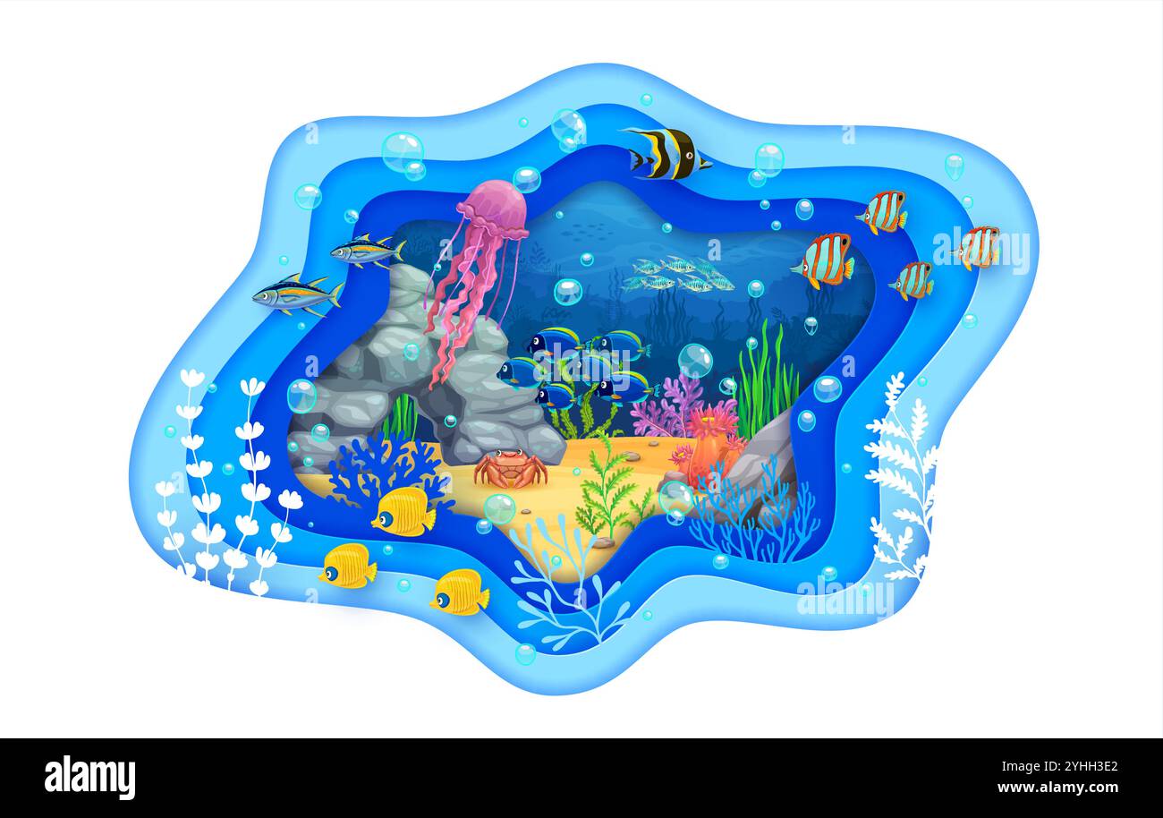 Paper cut underwater landscape with fish shoal, seaweeds and corals. 3d ...