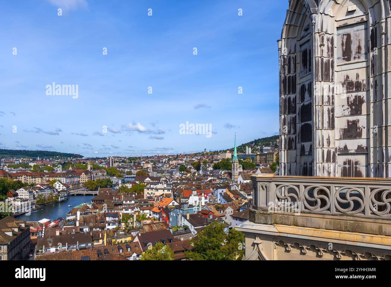 City of Zurich in Switzerland, view above the Old Town with tower of Grossmunster Church on the right. Stock Photo