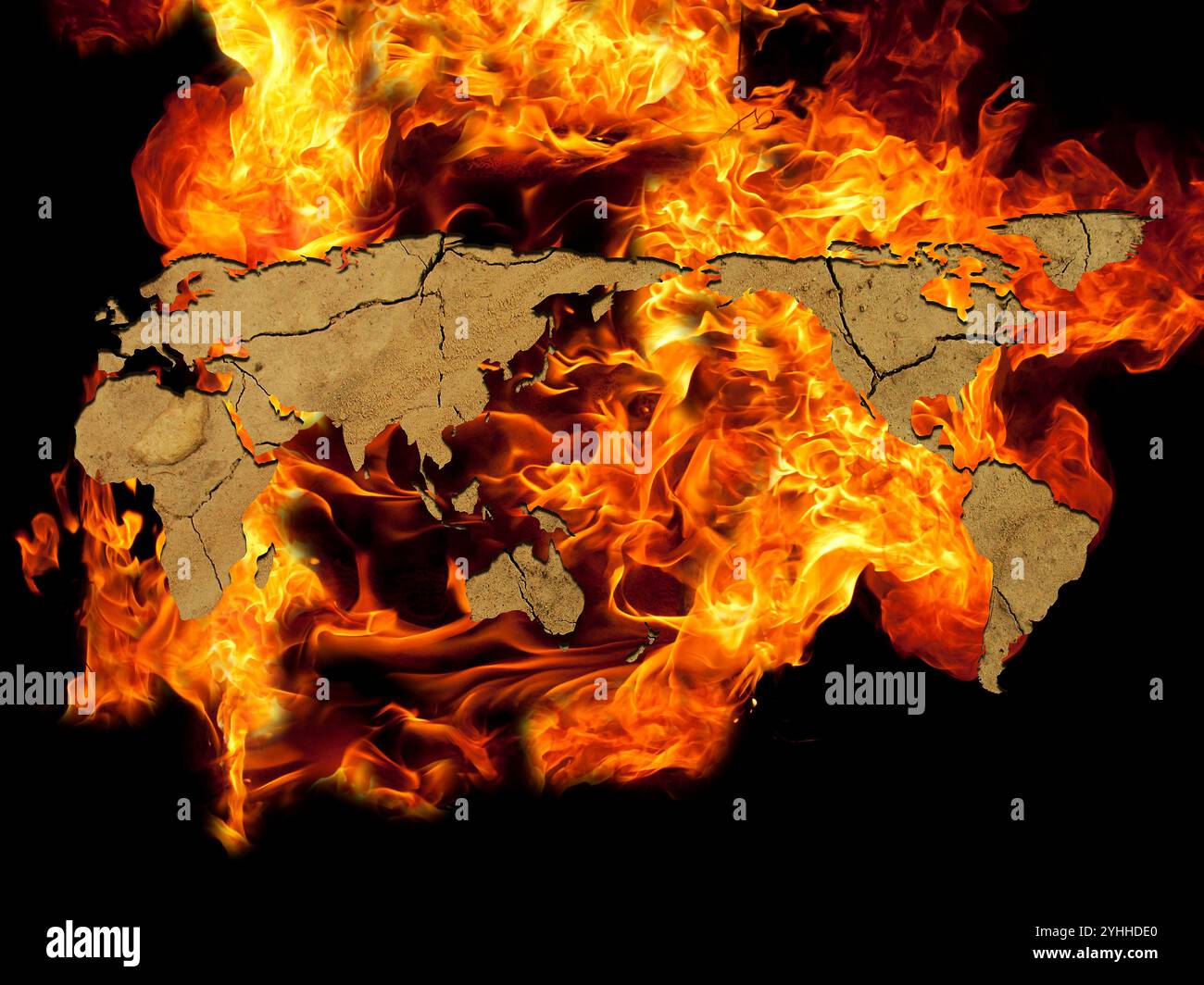 Flame and cracked world map stock photo alamy