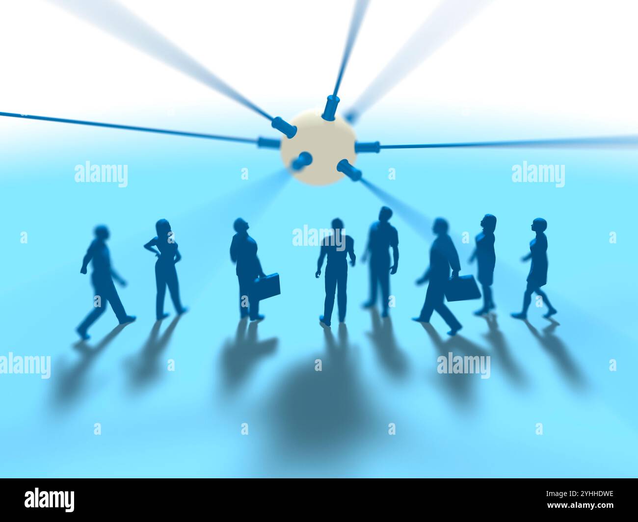 Large group of men and women looking up at a round connected object ...