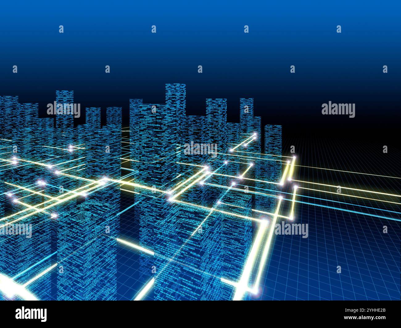 Network rays passing through a group of buildings composed of digital numerals Stock Photo