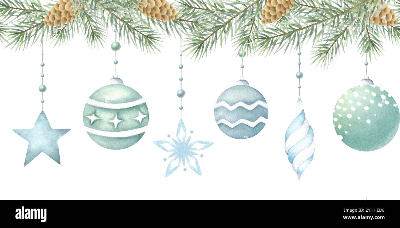 Christmas seamless border with tree balls, holly, berries, leaves ...
