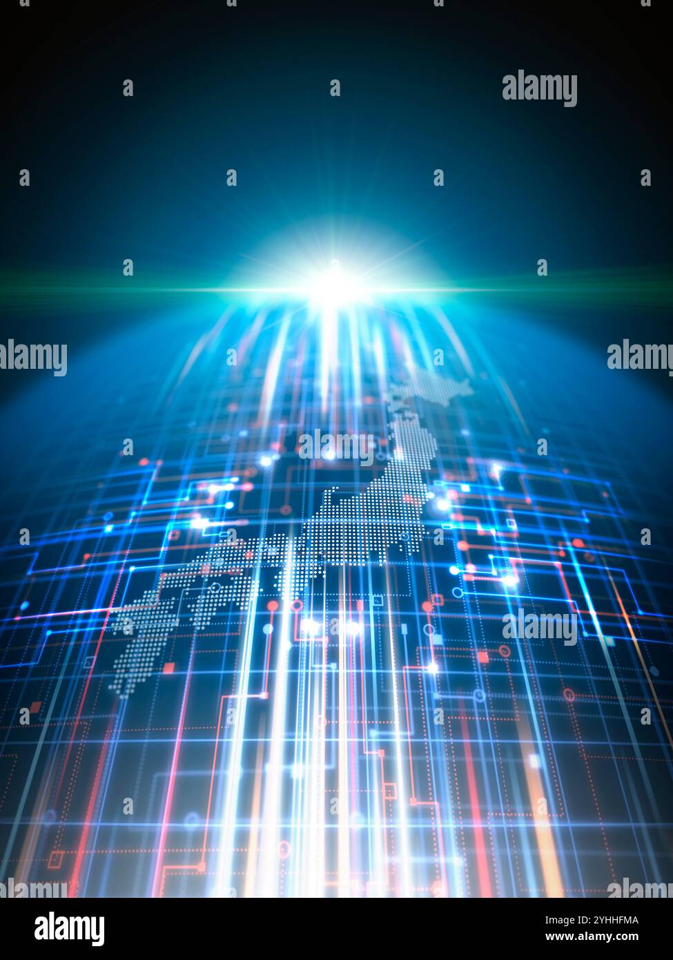 Circuits and rays of light crossing on Japanese map Stock Photo - Alamy