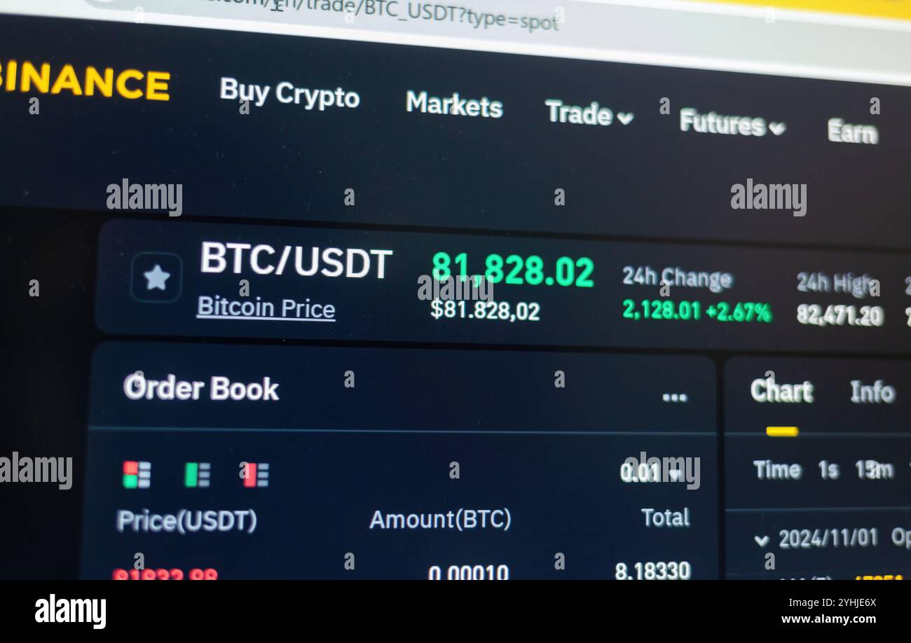 Firenze, Italy November 11, 2024: Cryptocurrency trading platform binance shows bitcoin price increasing, indicating market optimism and potential inv Stock Photo