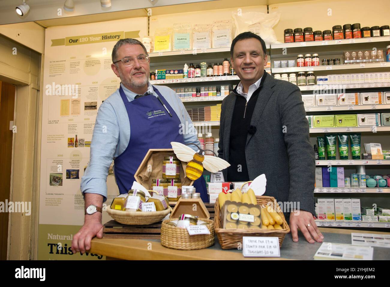 Edinburgh, UK, 12th November 2024: Scottish Labour leader Anas Sarwar, right, with John McKee, owner of Hanover Health Foods, a 120 year old store in central Edinburgh. Pic credit: DB Media Services / Alamy Live Stock Photo