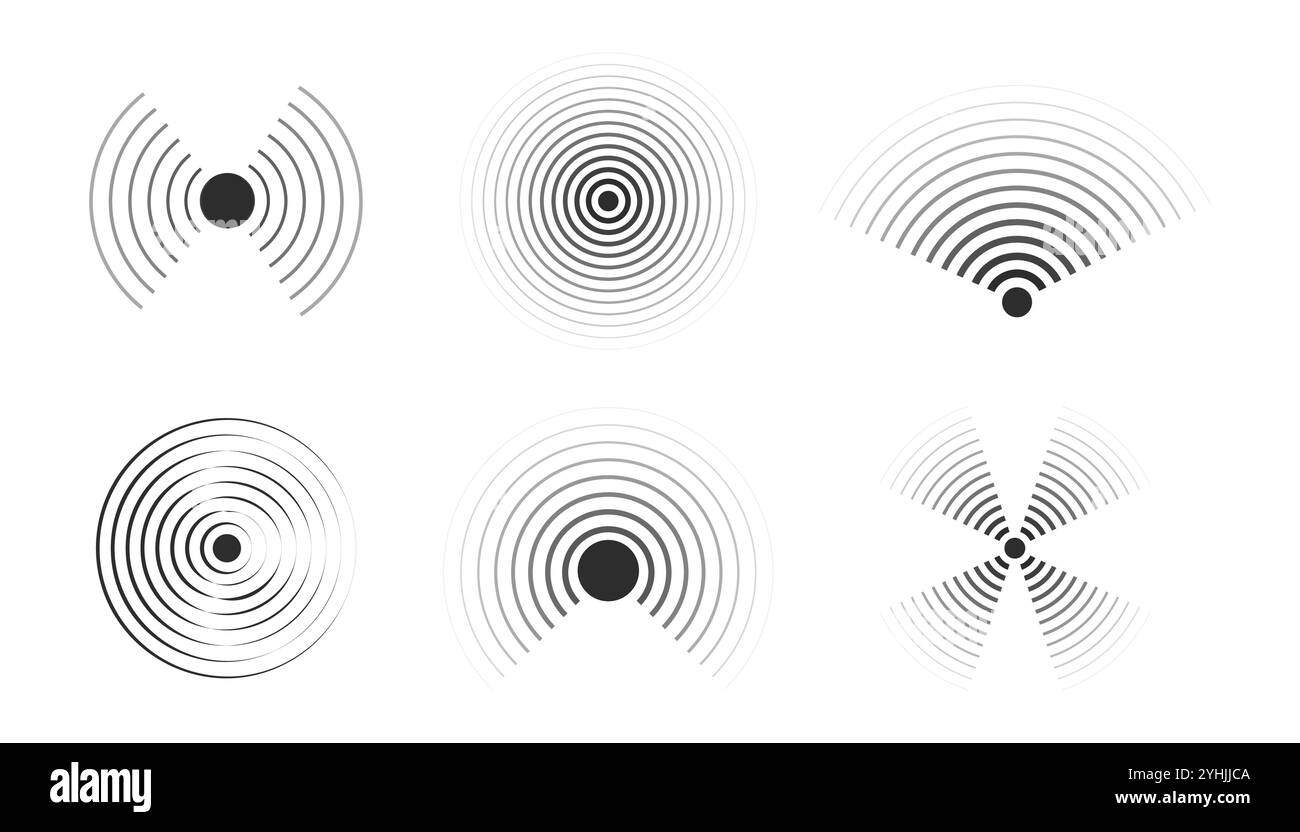 Sonar sound waves icons wireless wifi, radial line media, Radio, radar station signal. Scan, rings circle ripples. Vector illustration Stock Vector