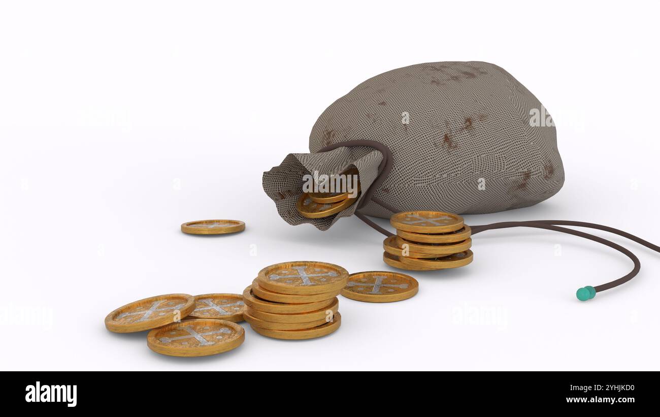 golden coins in pouch with white background Stock Photo