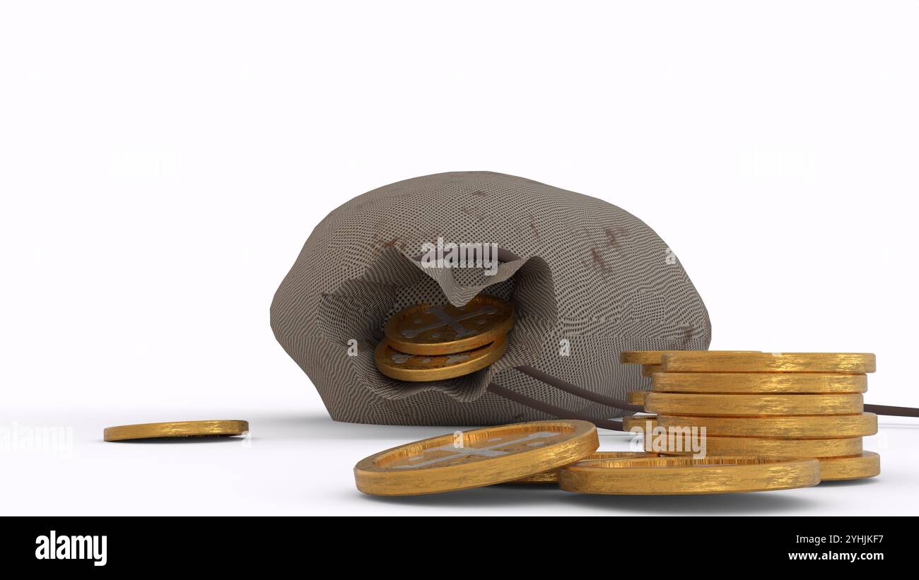 golden coins in pouch with white background Stock Photo