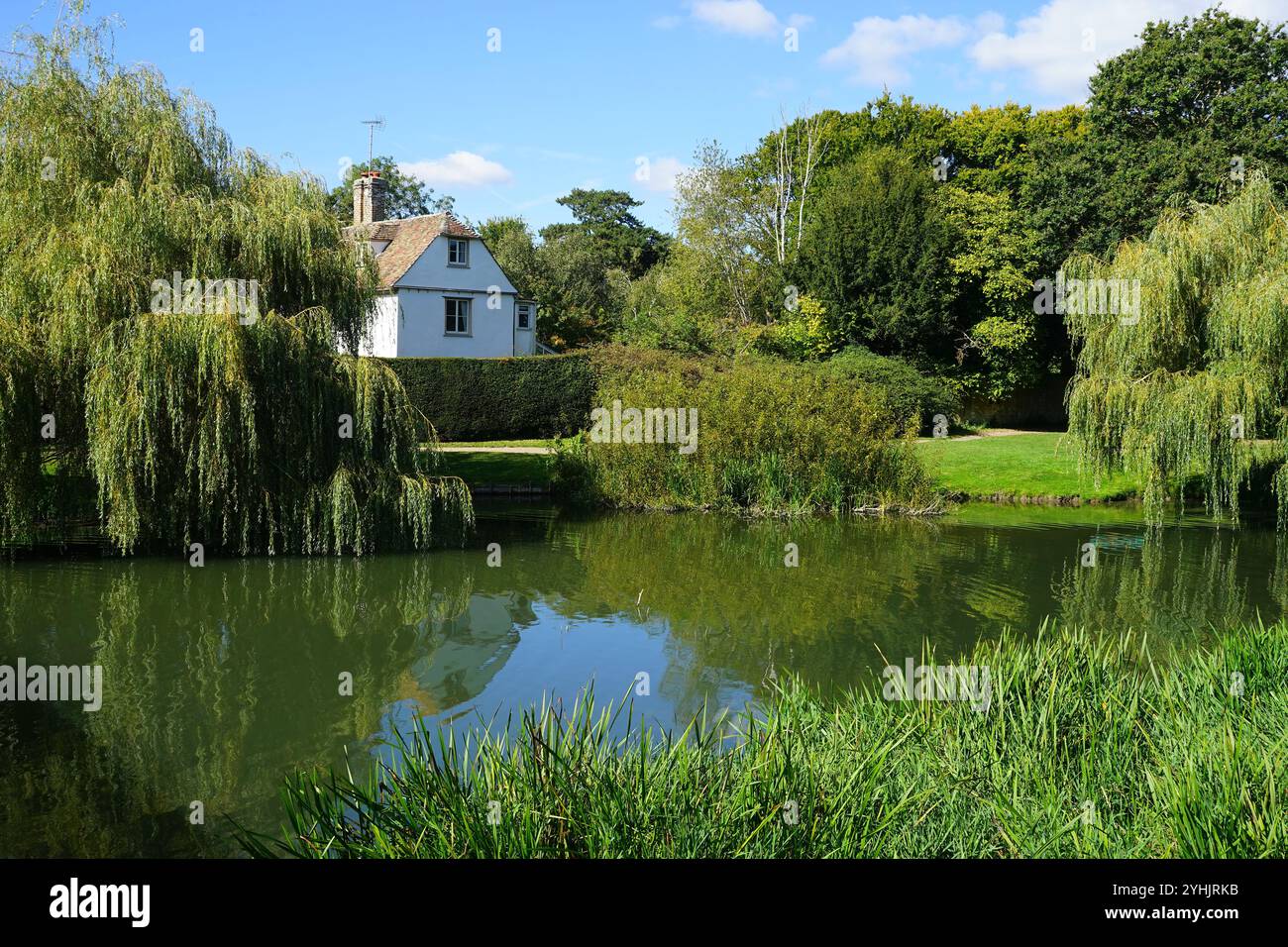 Mill House overlooking the tailrace from the old Grantchester watermill. Stock Photo