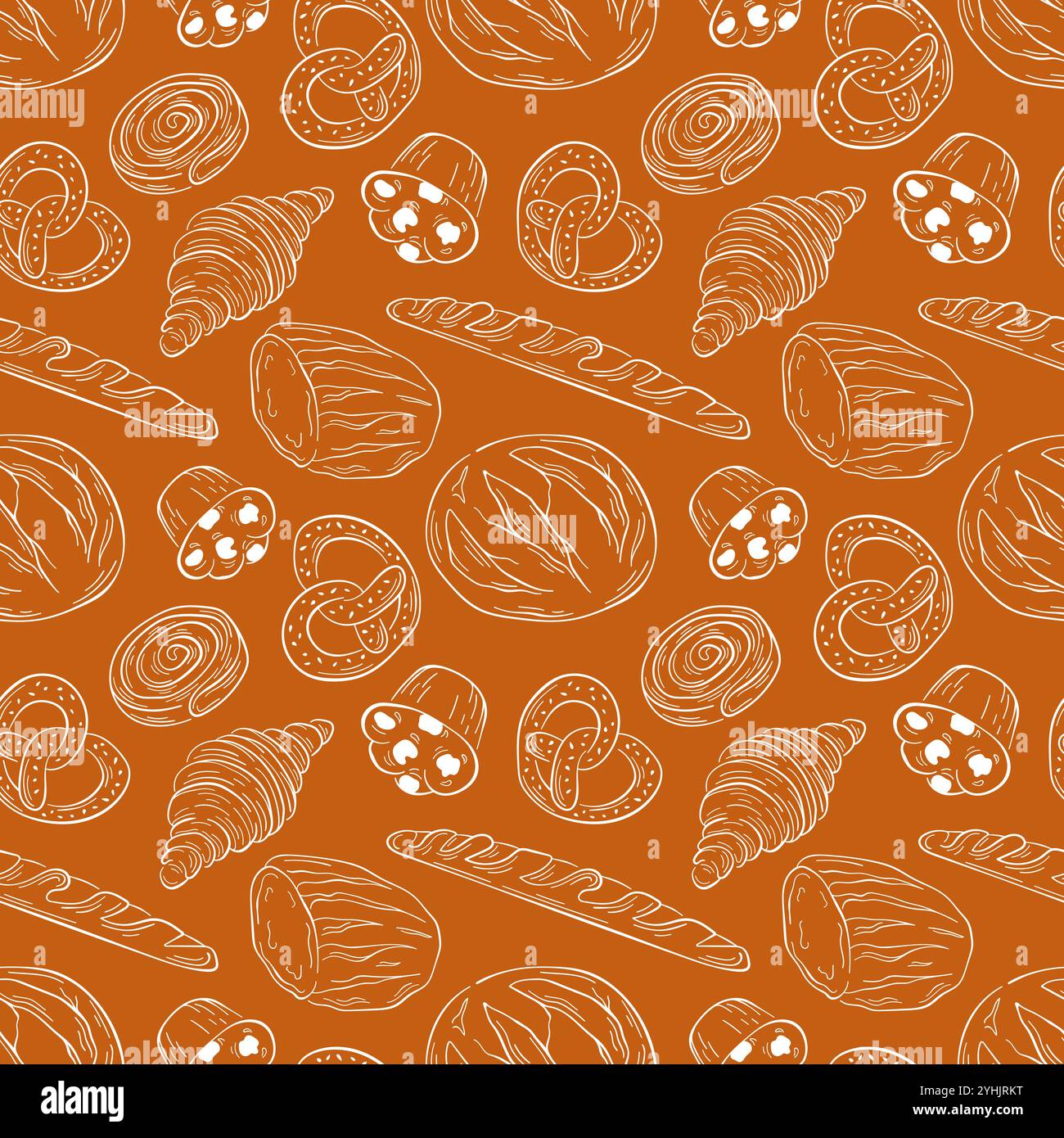 Seamless pattern with bakery food baguette, croissant, muffin, pretzel ...