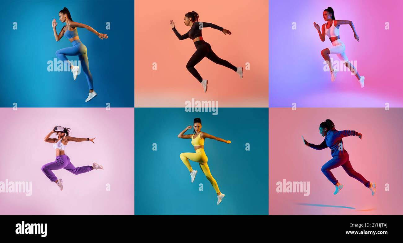Diverse athletes showcasing dynamic jump poses against vibrant ...