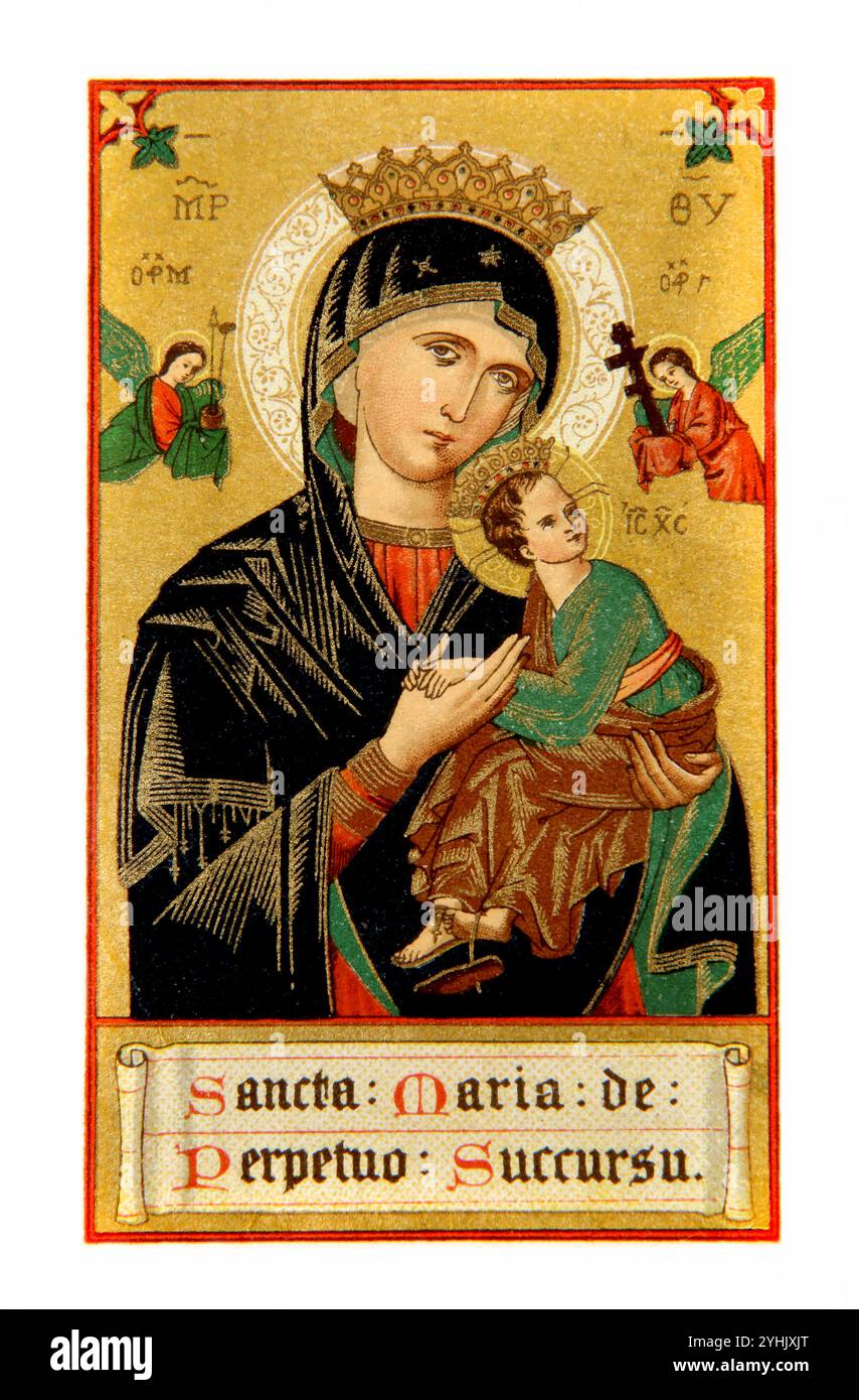 A Vintage 1930 Catholic Prayer Card Depicting an Icon of Our Lady of Perpetual Help ( Sancta Maria Perpetuo Succursu) Stock Photo