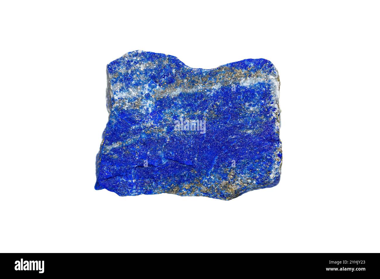 Natural rough Lapis lazuli gemstone on white background, semi-precious stone that contain Lazurite, Sodalite, Calcite and Pyrite mineral Stock Photo