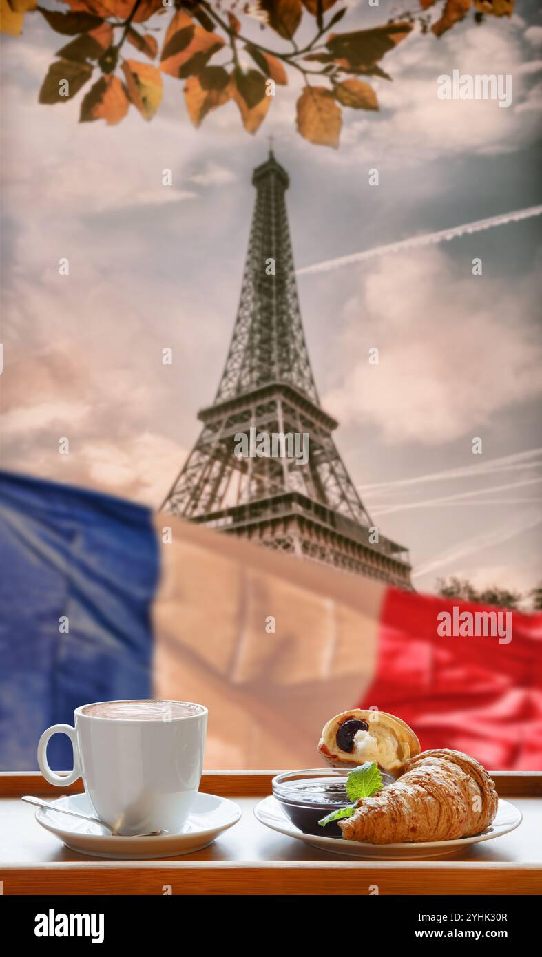 Coffee With Croissants With Symbol Of Eiffel Tower And French National 