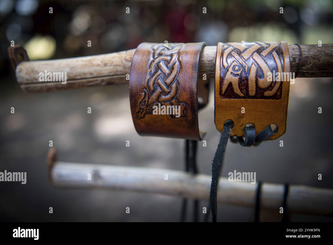 Leather bracelets with engraved runes and Viking symbols, medieval market, medieval week, Hanseatic city of Visby, island of Gotland, Sweden, Europe Stock Photo