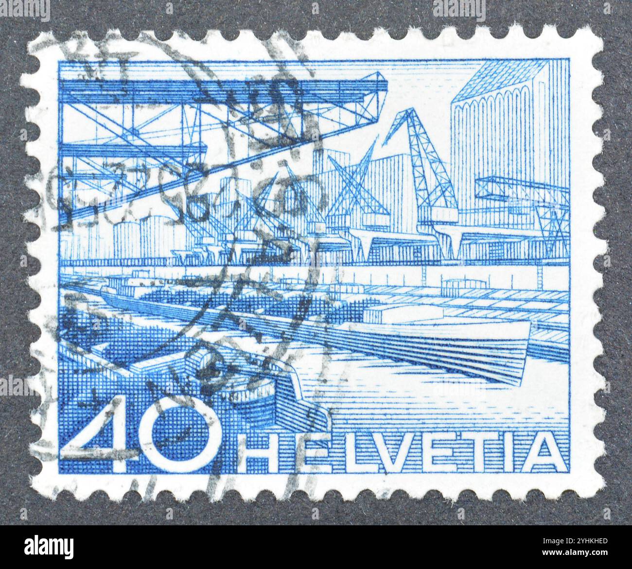 Cancelled postage stamp printed by Switzerland, that shows Rhine Harbor Basel, circa 1949. Stock Photo