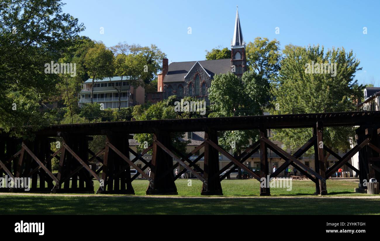 Wooden trestle viaduct of old Winchester and Potomac Railroad, Harpers Ferry, WV, USA Stock Photo