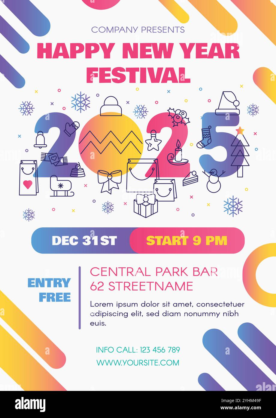 White vertical Happy 2025 New Year holiday poster in gradient colors ...