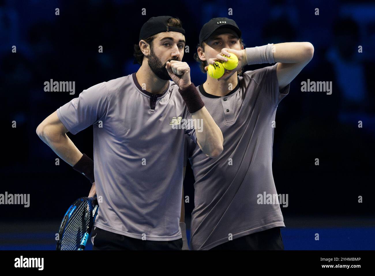 Turin, Italy. 12 November 2024. Jordan Thompson (L) and Max Purcell of Australia speak during the round robin doubles match against Harri Heliovaara of Finland and Henry Patten of Great Britain during day three of the Nitto ATP Finals. Credit: Nicolò Campo/Alamy Live News Stock Photo