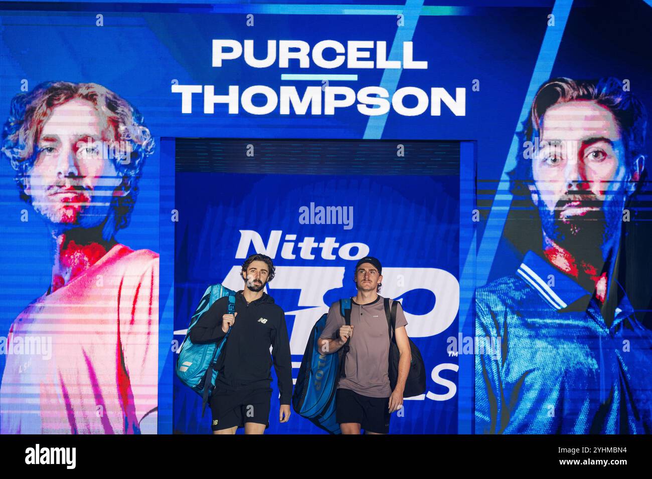 Turin, Italy. 12 November 2024. Jordan Thompson (L) and Max Purcell of Australia walk out prior to the round robin doubles match against Harri Heliovaara of Finland and Henry Patten of Great Britain during day three of the Nitto ATP Finals. Credit: Nicolò Campo/Alamy Live News Stock Photo