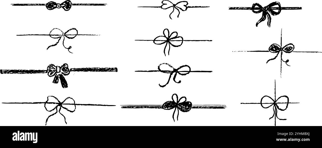 Set of doodle gift ribbon bow. Simple line elements collection drawing ...