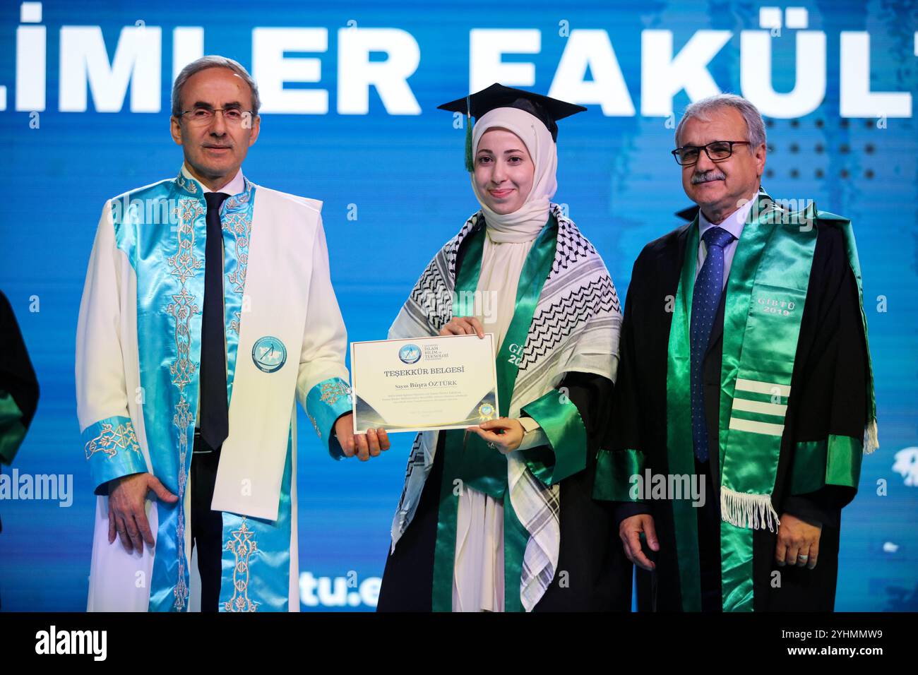 Gaziantep, Turkiye. 24 May 2024. Students from different faculties attend their graduation ceremony at the Gaziantep University of Islamic Science and Technology (GIBTU). During the ceremony, a number of students wore the Palestinian kufiyah and raised the Palestinian flag in solidarity with Gaza and Palestine Stock Photo