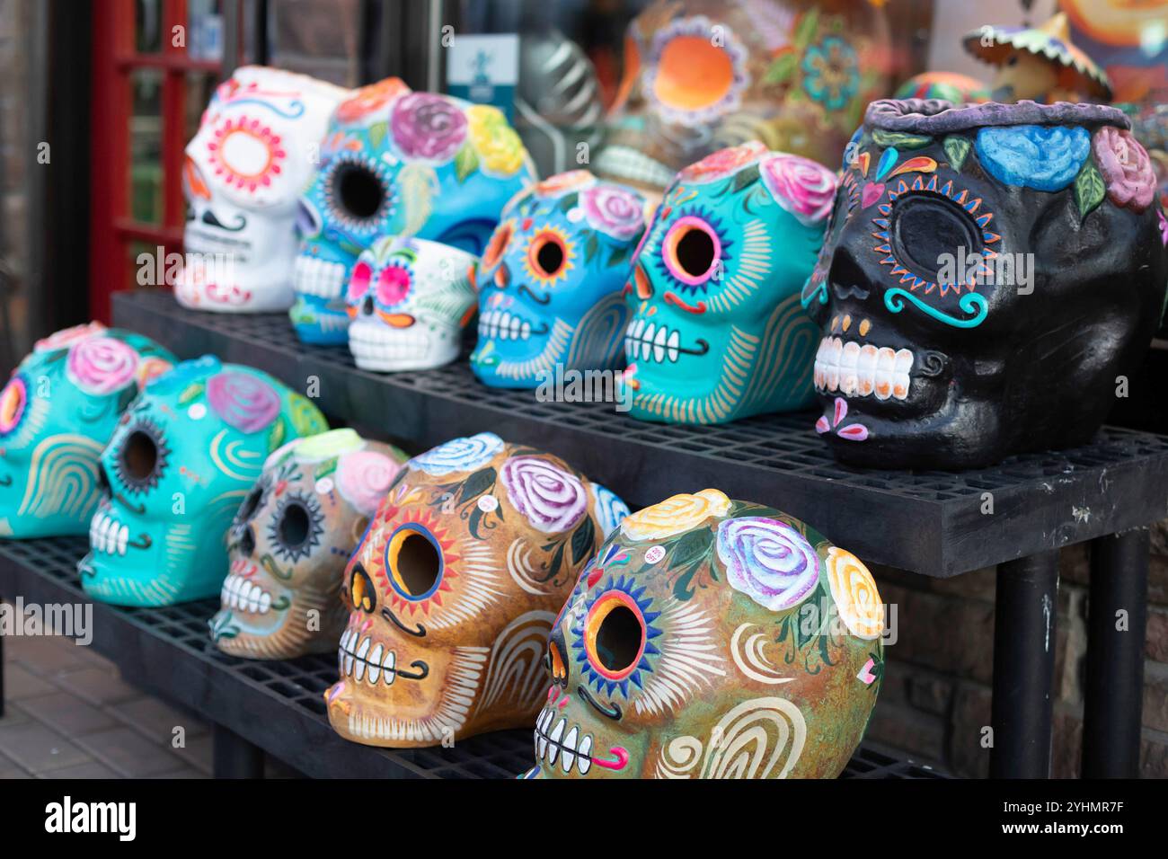 Detroit, Michigan - Day of the Dead skulls on sale outside Xochi's in the Mexicantown neighborhood, marked down a week after the holiday. Stock Photo
