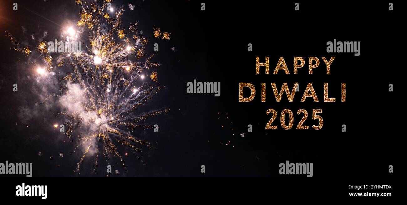 Sparkling gold "Happy Diwali 2025" text against a backdrop of vibrant